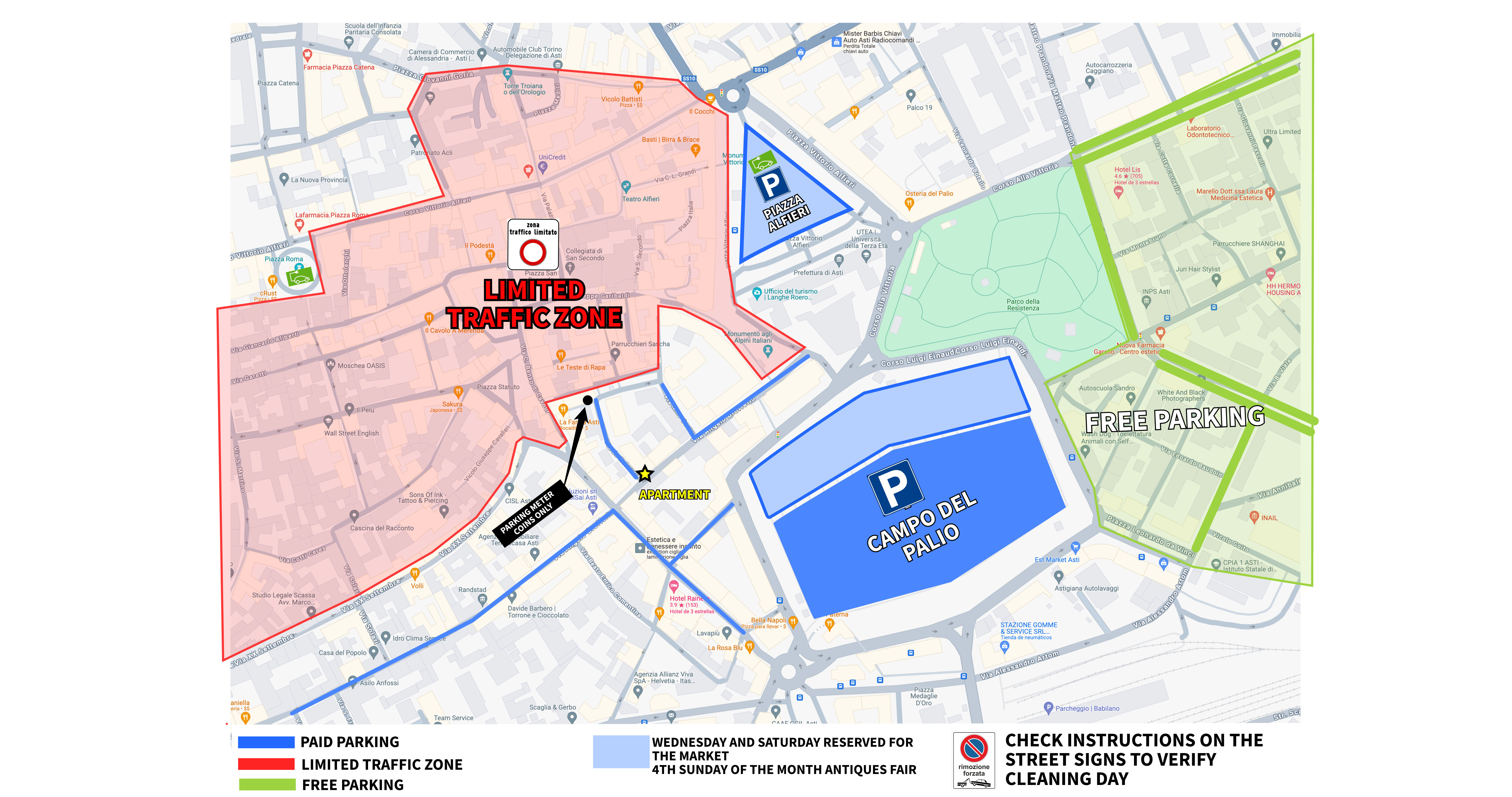 Parking zones map around Appartamento del Palio in Asti - showing free parking, paid parking, and limited traffic zones